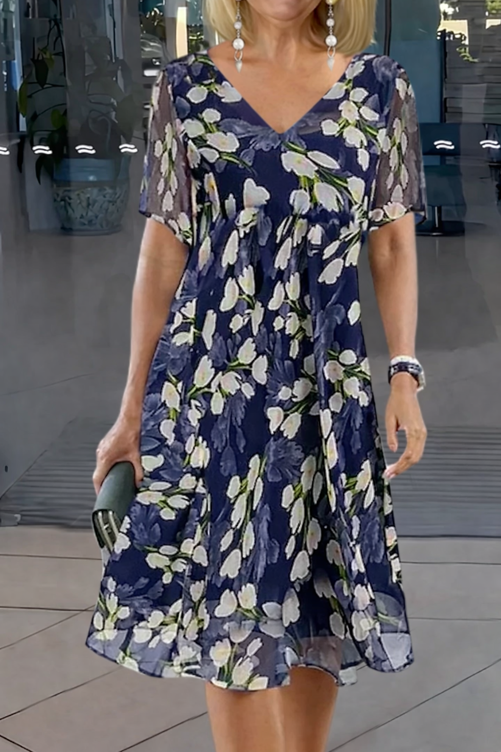 Floral Print Tunic Dress - Navy Blue