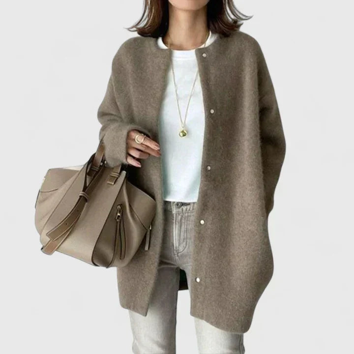 Women's oversized wool duster cardigan in caramel brown