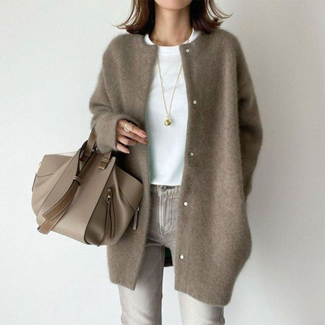Women's fall knit cardigan jacket with side pockets in coffee