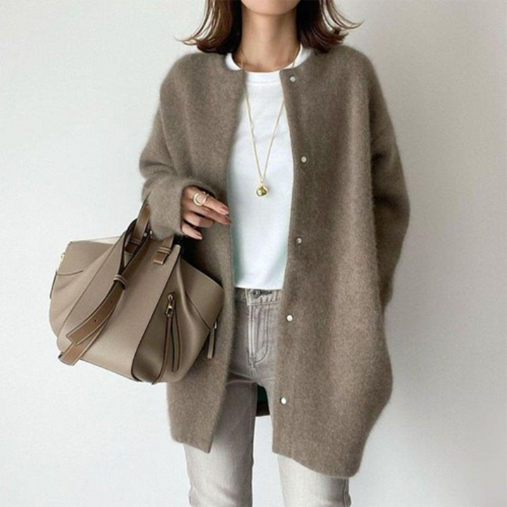 Women's fall knit cardigan jacket with side pockets in coffee
