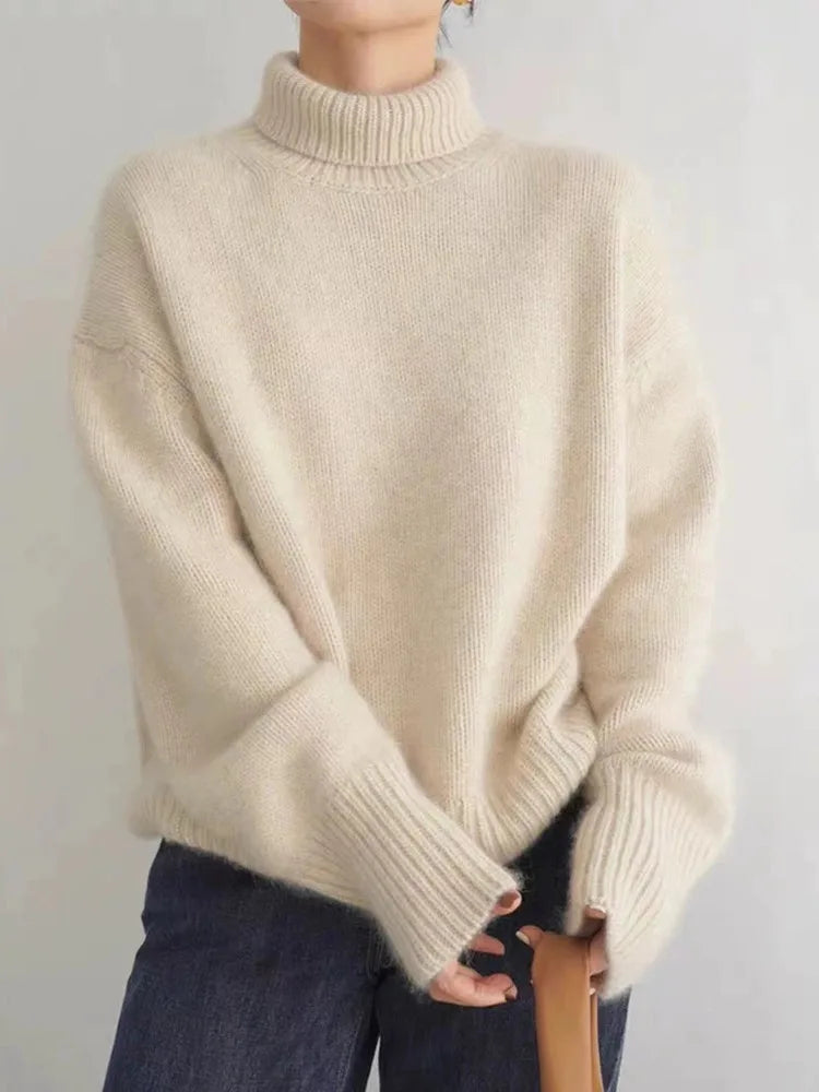 Women's soft knit turtleneck fall sweater in beige
