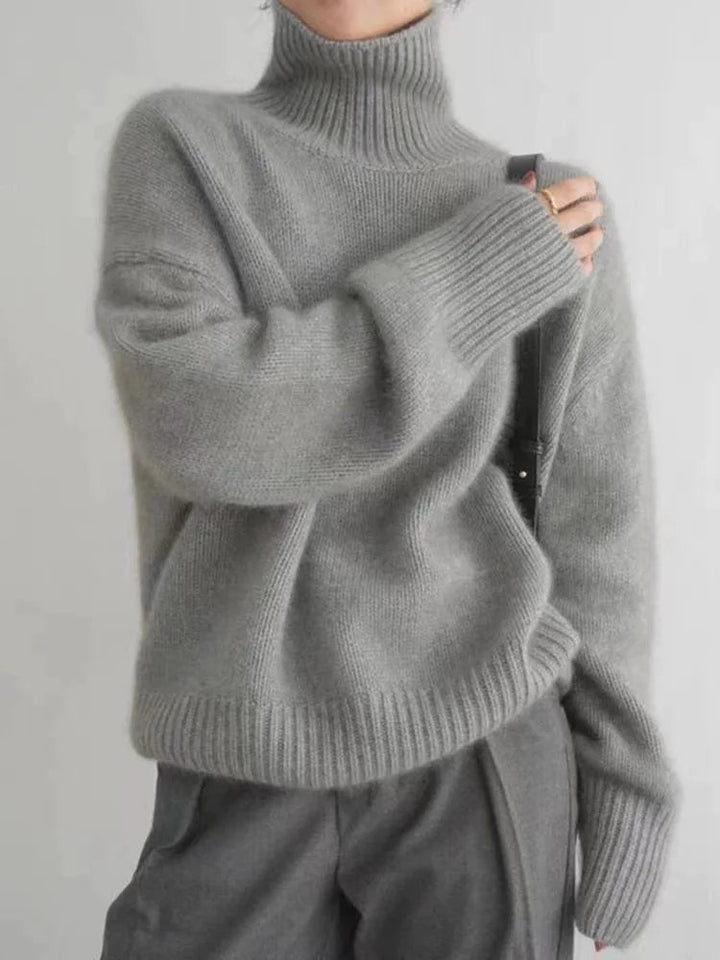 Women's soft knit turtleneck fall sweater in grey