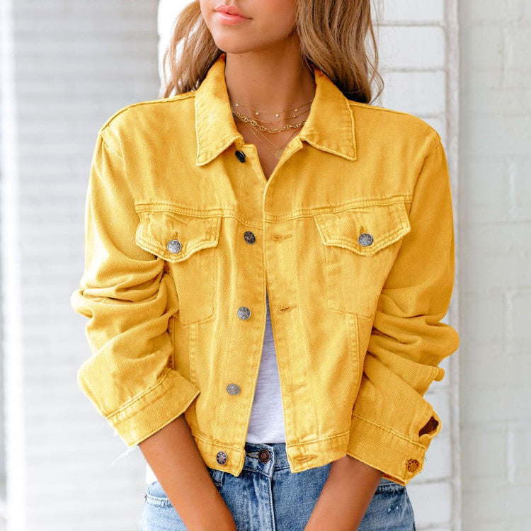 Cropped button-front denim jacket - yellow