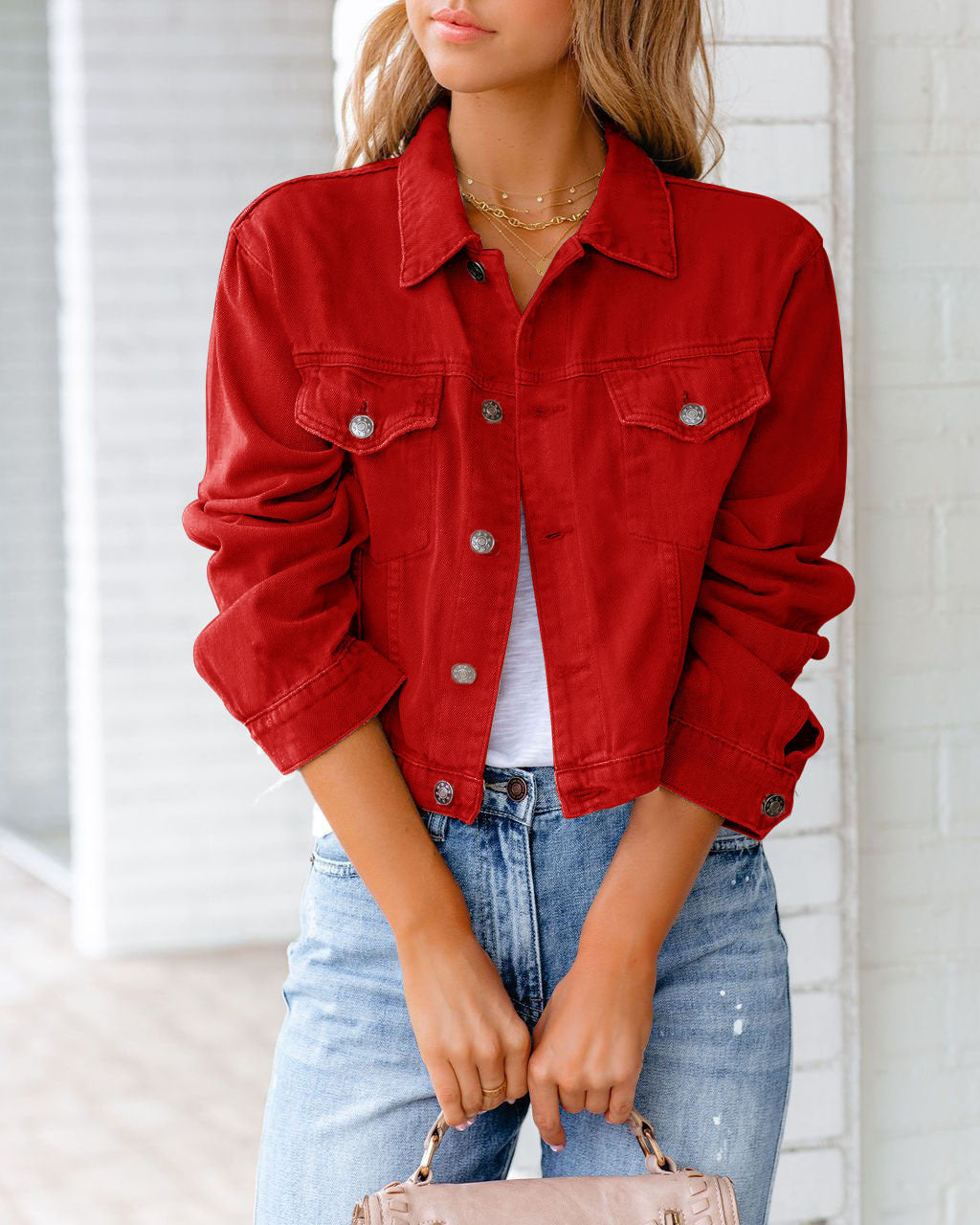 Cropped button-front denim jacket - red