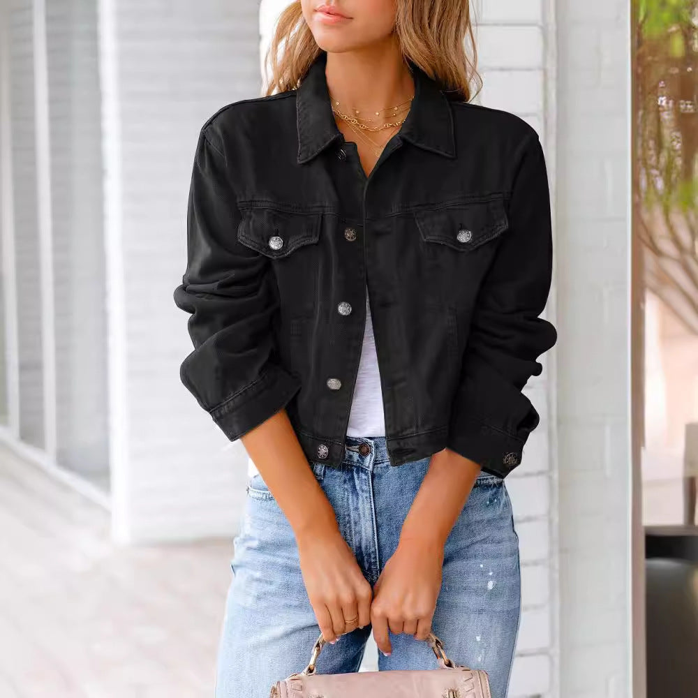 Cropped button-front denim jacket - black