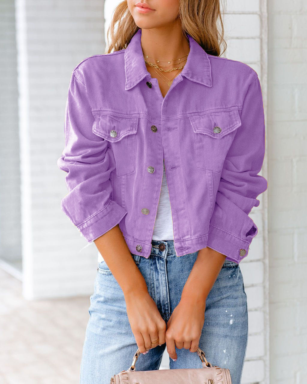 Cropped button-front denim jacket - purple