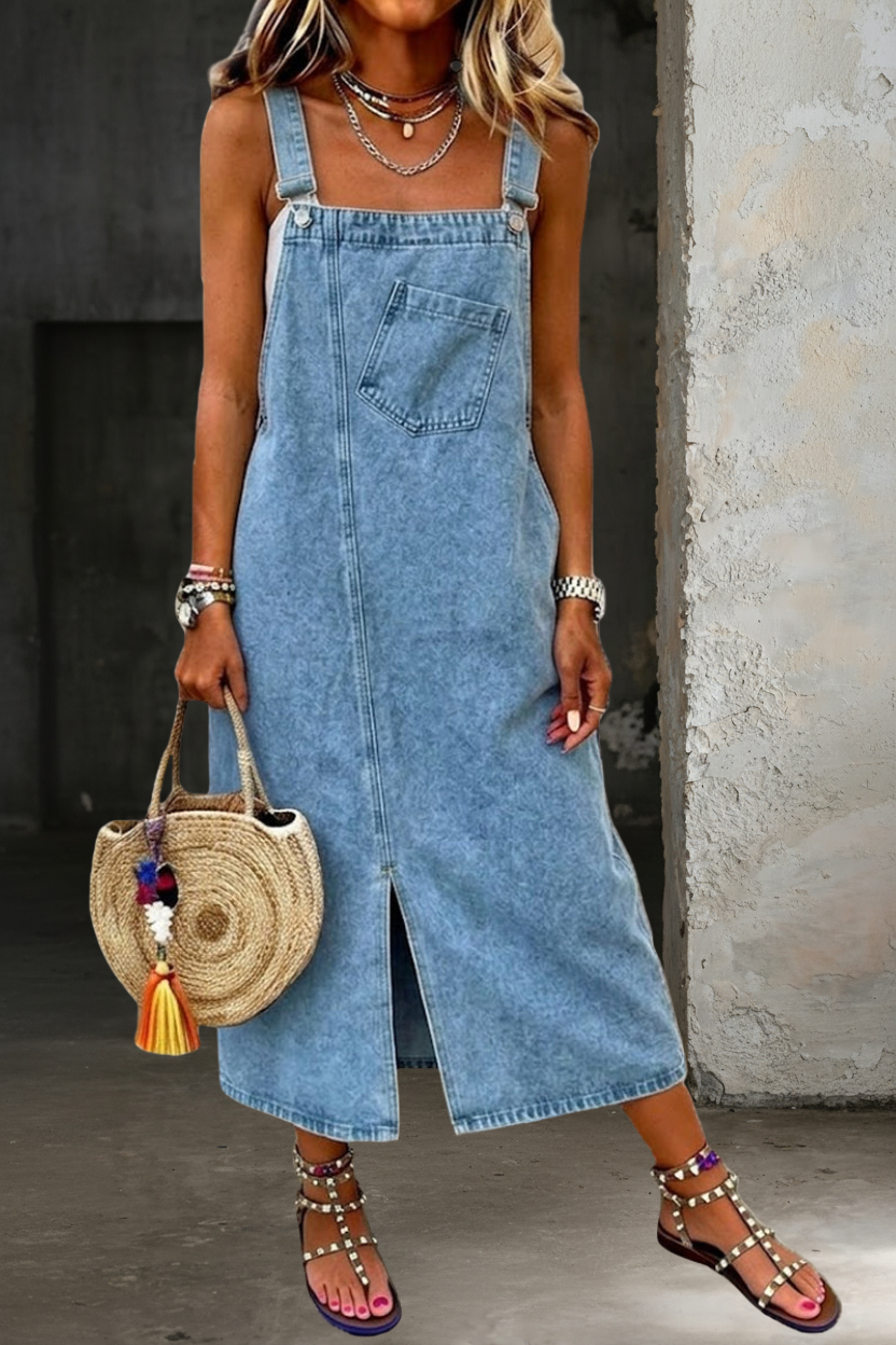 Women's denim pinafore overall midi dress in light blue