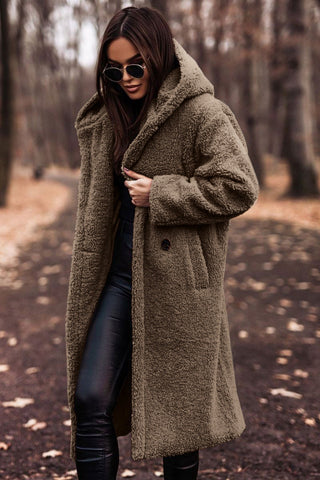 Women's longline hooded teddy coat in khaki