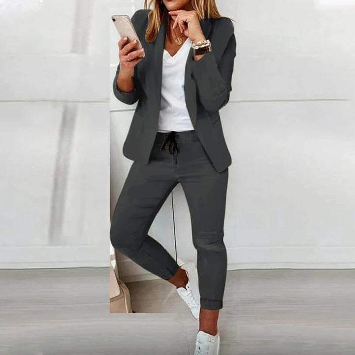 Dark grey blazer and jogger two-piece set for women