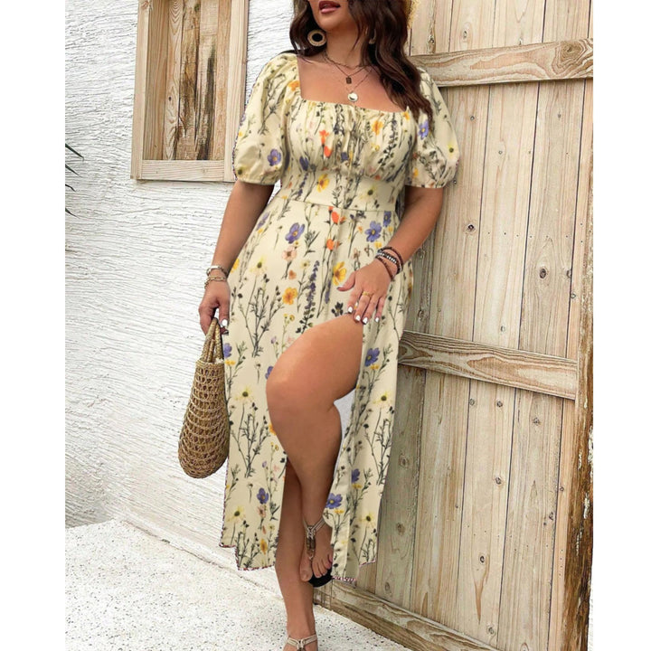 Plus size floral puff sleeve maxi dress in apricot