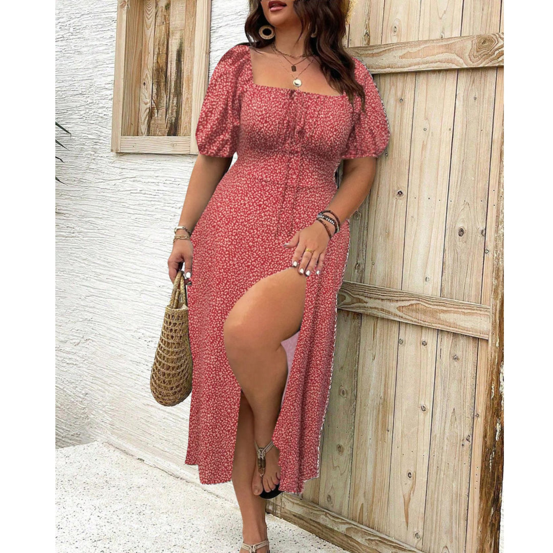 Plus size floral puff sleeve maxi dress in red