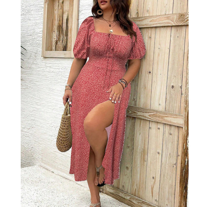 Plus size floral puff sleeve maxi dress in red