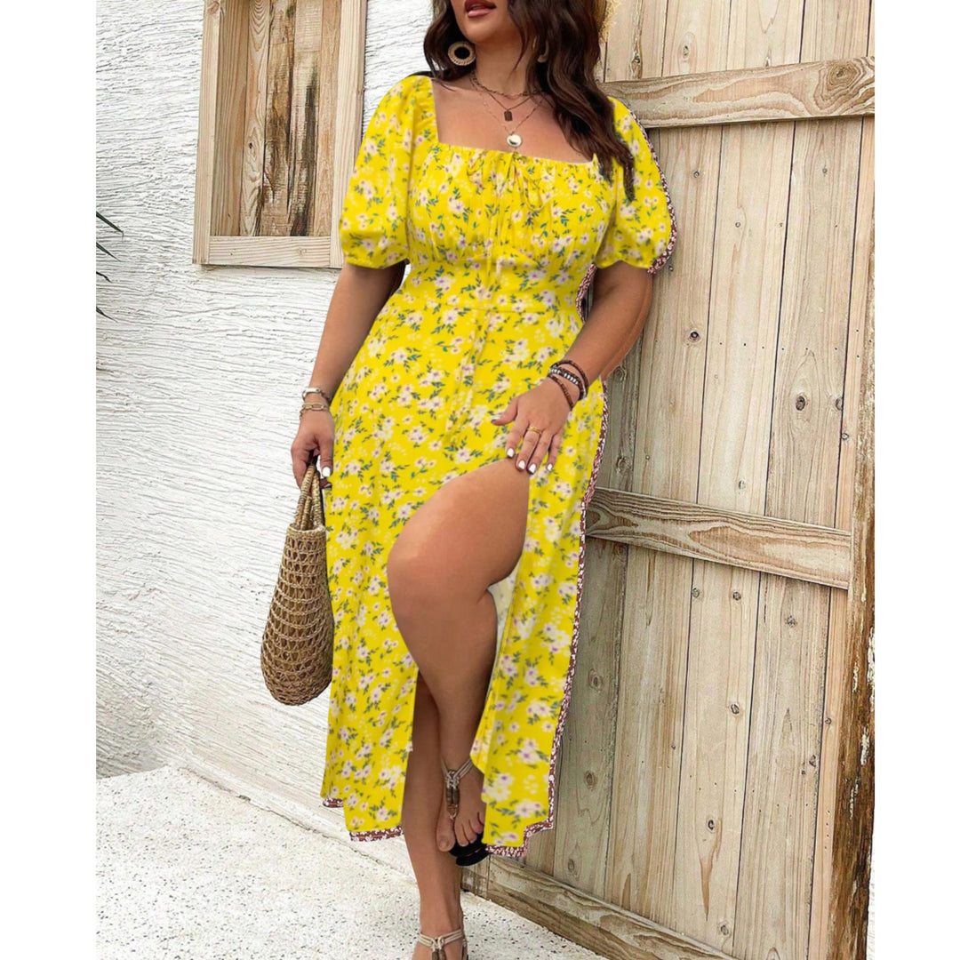 Plus size floral puff sleeve maxi dress in yellow