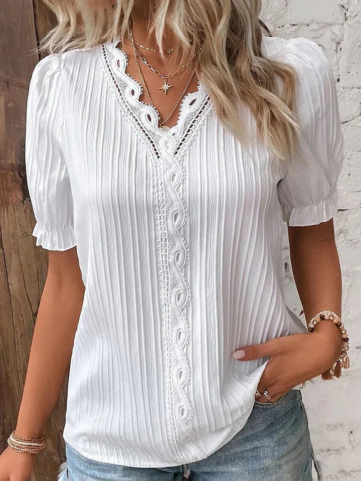 Elegant Lace-Detail Puff-Sleeve Blouse
