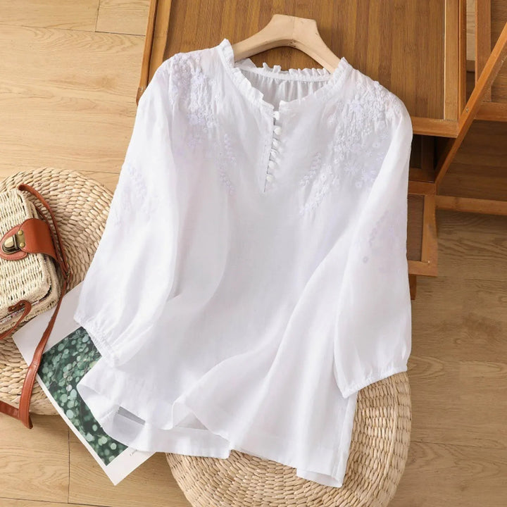 Embroidered Floral Button-Front Blouse