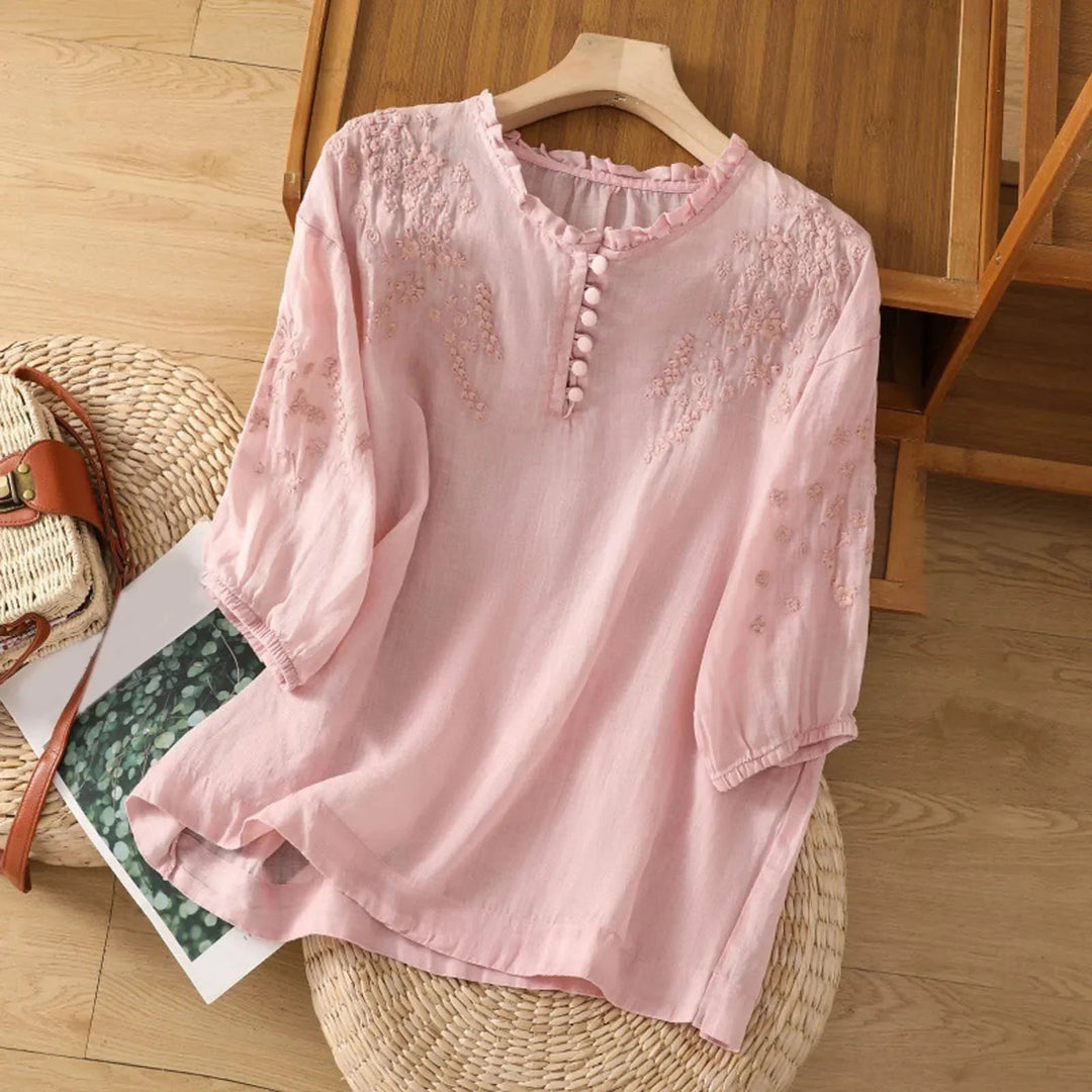 Embroidered Floral Button-Front Blouse