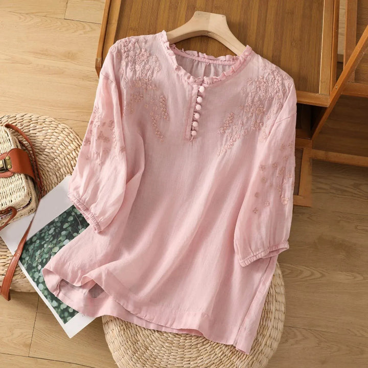 Embroidered Floral Button-Front Blouse