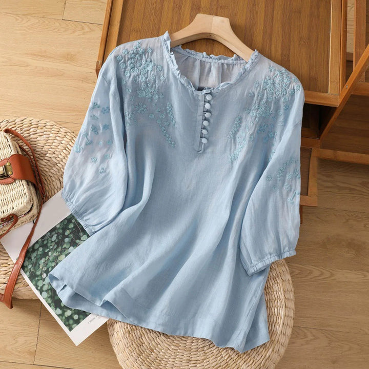 Embroidered Floral Button-Front Blouse