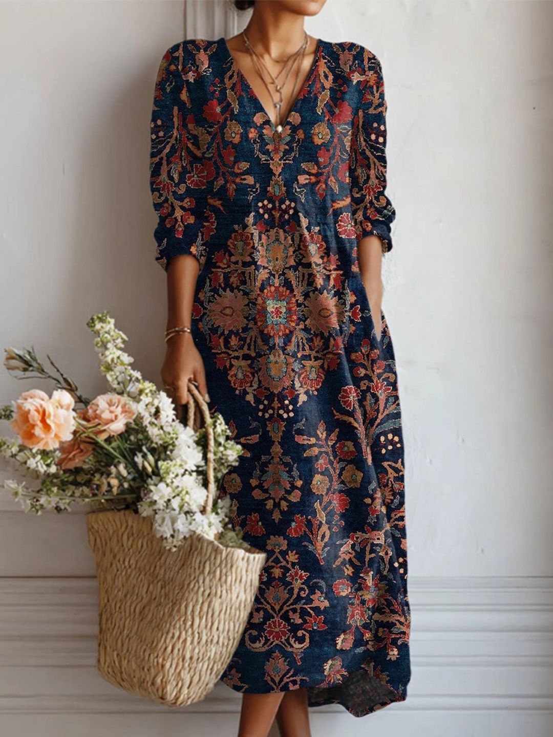 Women's multicolour linen blend pocket midi dress