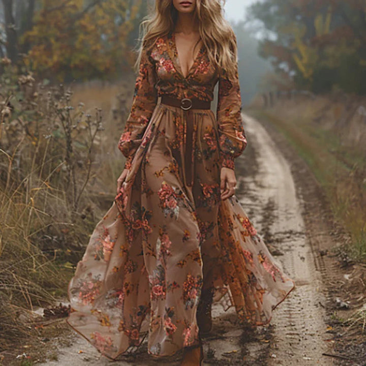 Bohemian floral maxi dress in dark brown