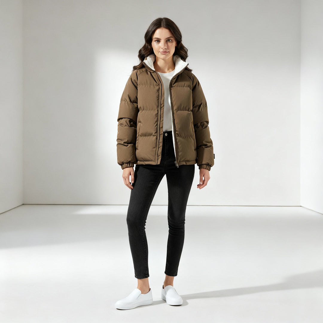 Women's fleece-lined hooded puffer jacket in brown, side view