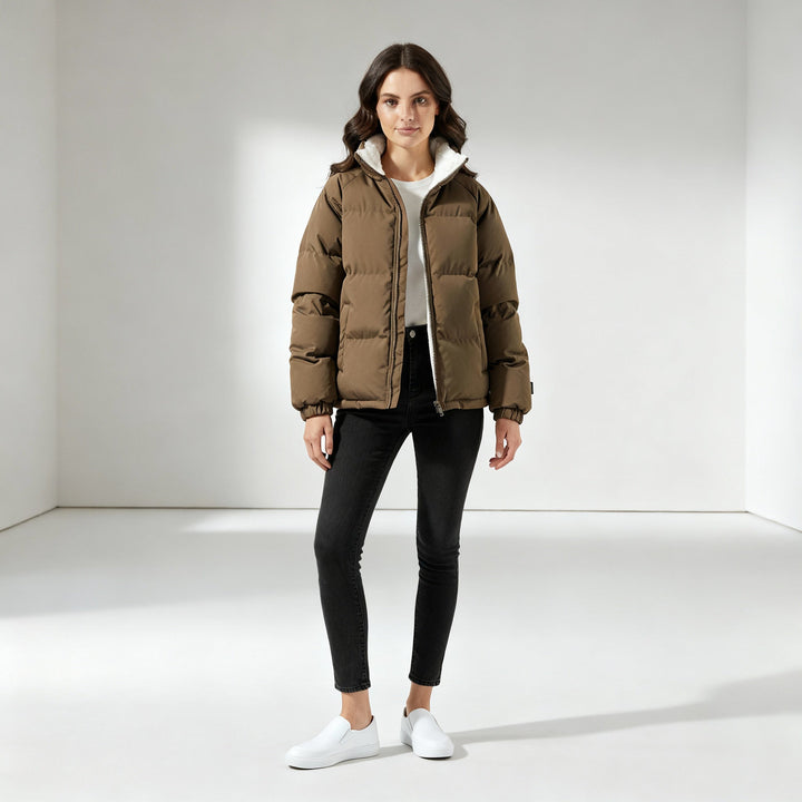 Women's fleece-lined hooded puffer jacket in brown, side view