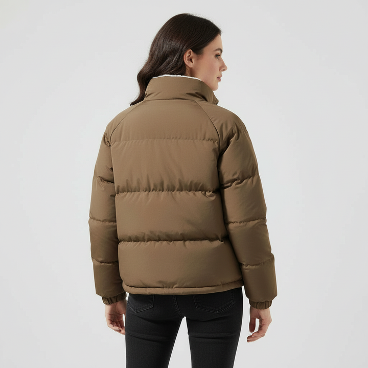 Women's fleece-lined hooded puffer jacket in brown, detail