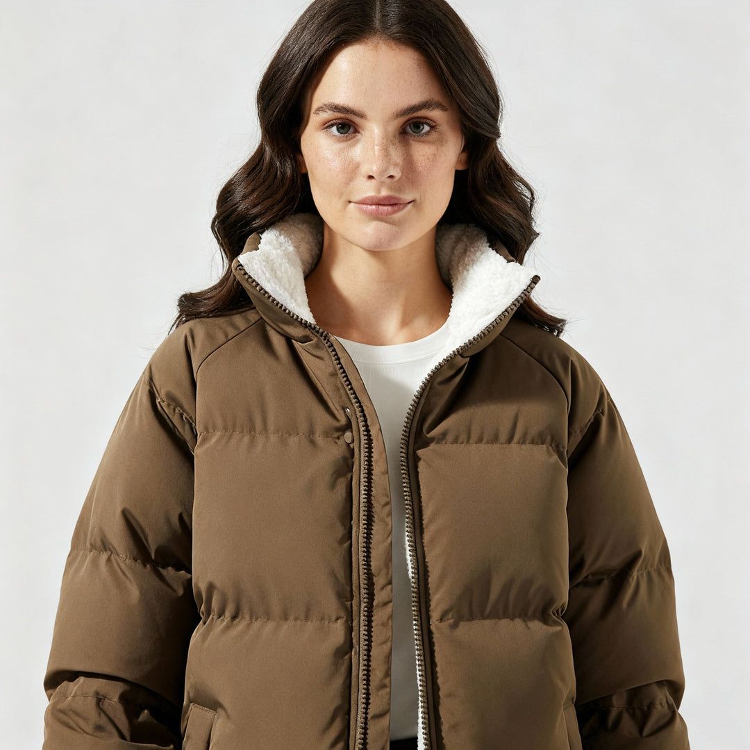 Women's fleece-lined hooded puffer jacket in brown, worn