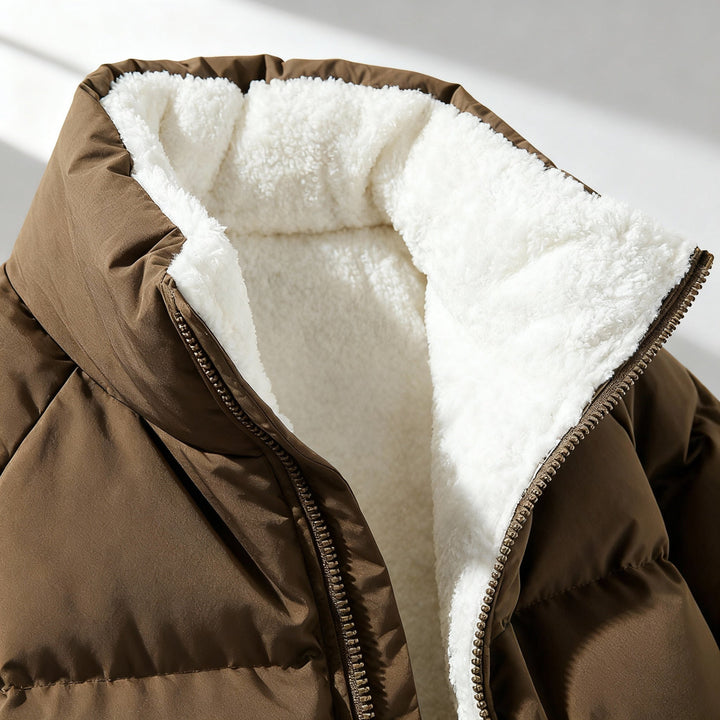 Women's fleece-lined hooded puffer jacket in brown, back view