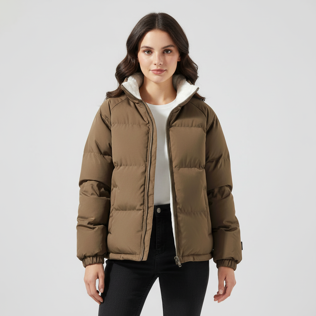 Women's fleece-lined hooded puffer jacket in brown
