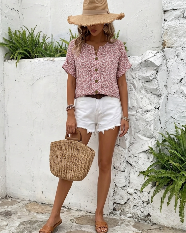 Floral Button-Up Short Sleeve Blouse