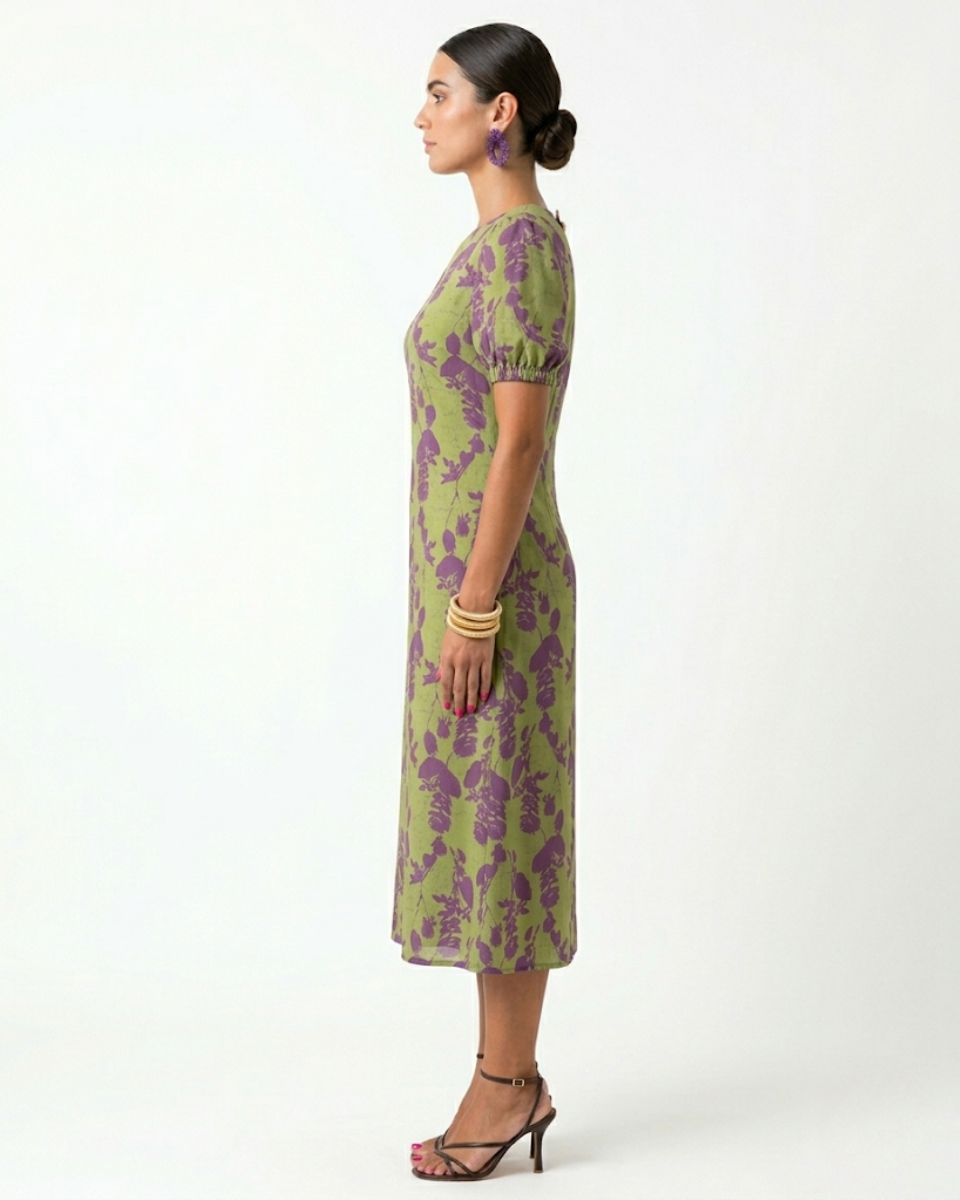 Floral Twist Front Midi Dress with Puff Sleeves