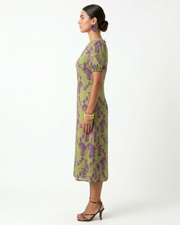 Floral Twist Front Midi Dress with Puff Sleeves