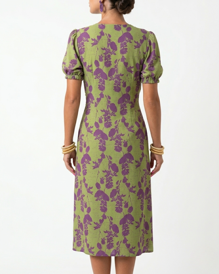 Floral Twist Front Midi Dress with Puff Sleeves