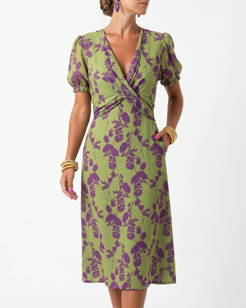 Floral Twist Front Midi Dress with Puff Sleeves