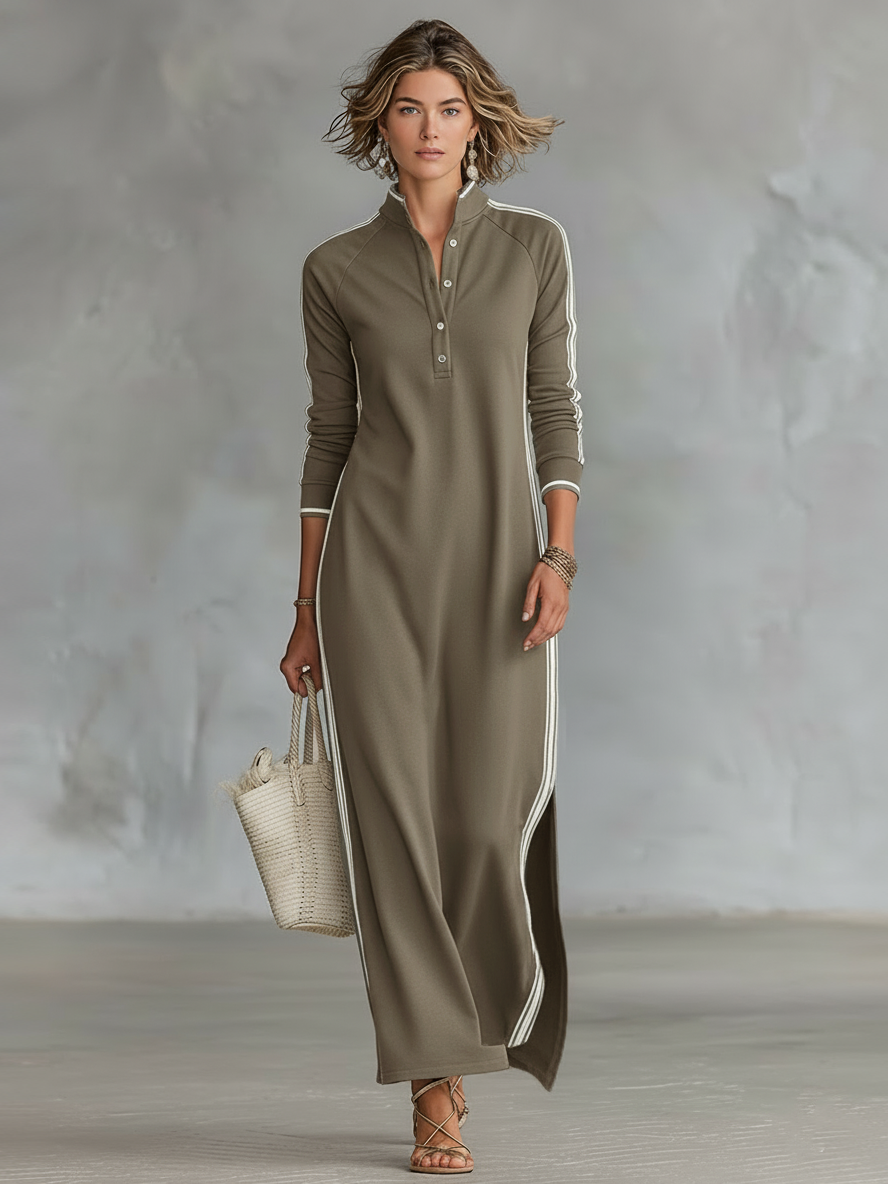 Women's contrast trim stand collar long sleeve maxi dress in khaki