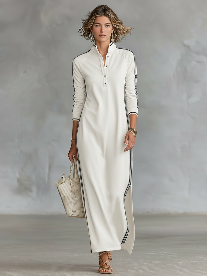 Women's contrast trim stand collar long sleeve maxi dress in white