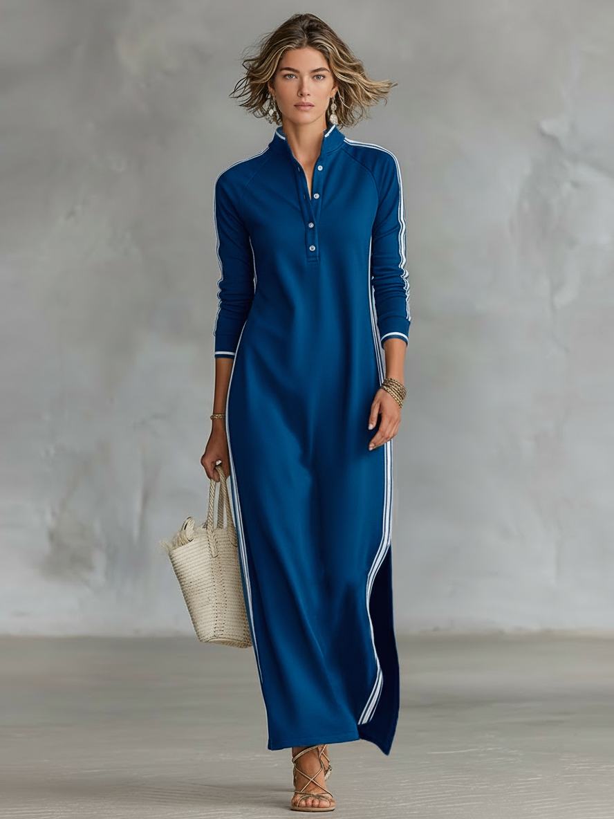 Women's contrast trim stand collar long sleeve maxi dress in royal blue
