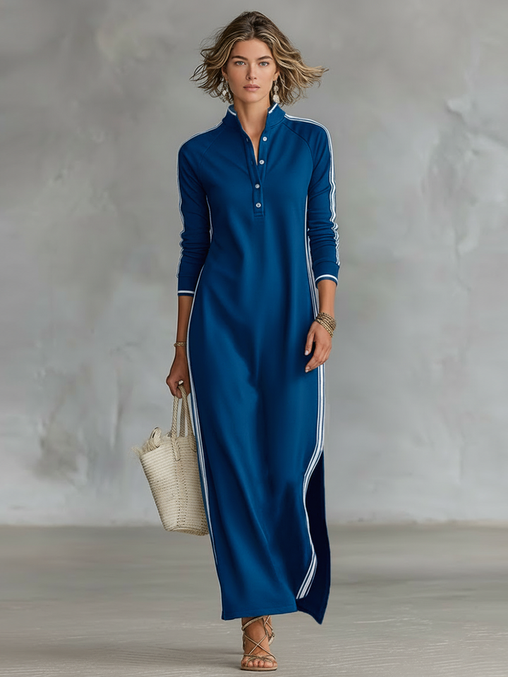 Women's contrast trim stand collar long sleeve maxi dress in royal blue