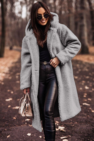 Women's longline hooded teddy coat in grey