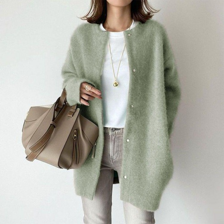 Women's fall knit cardigan jacket with side pockets in green