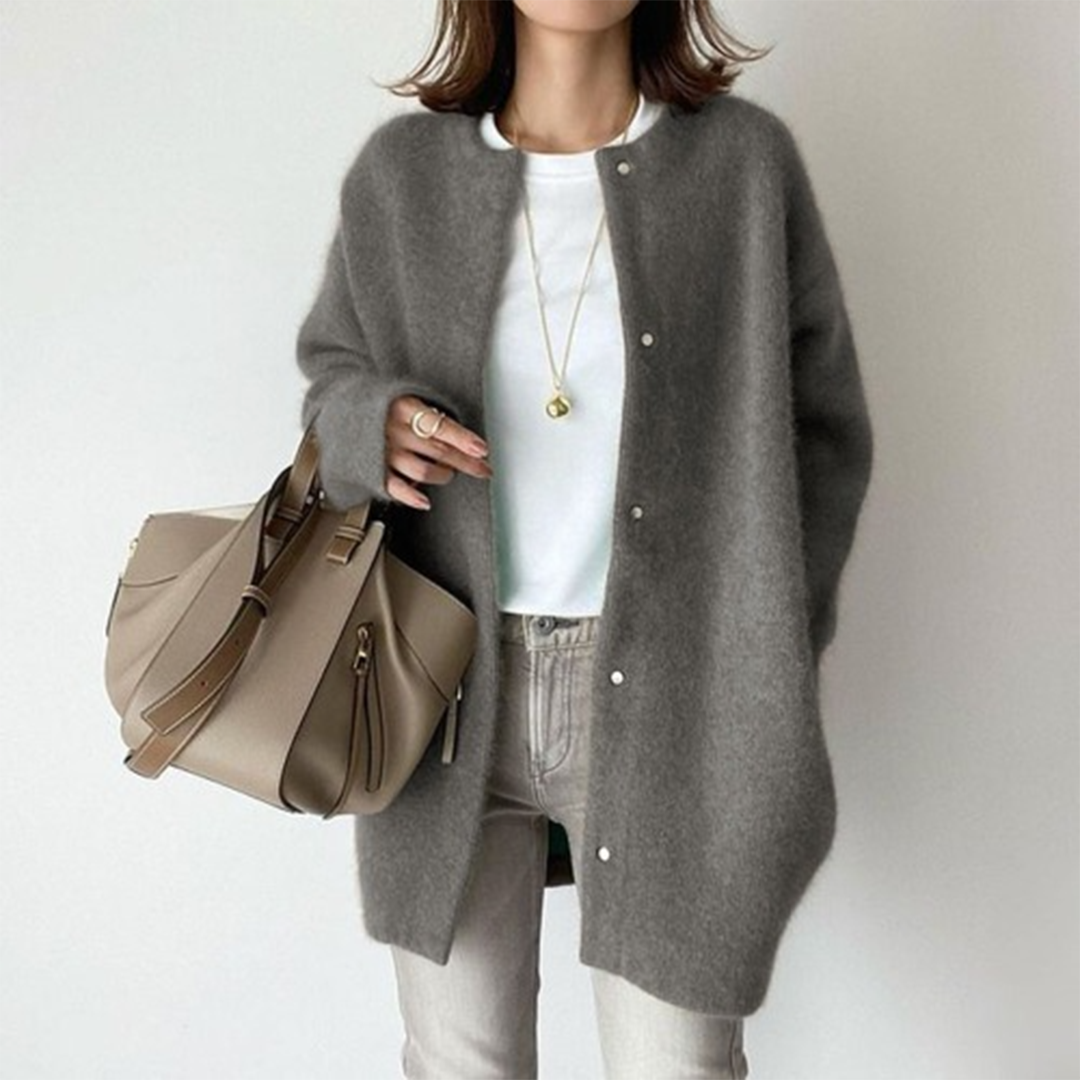Women's fall knit cardigan jacket with side pockets in grey