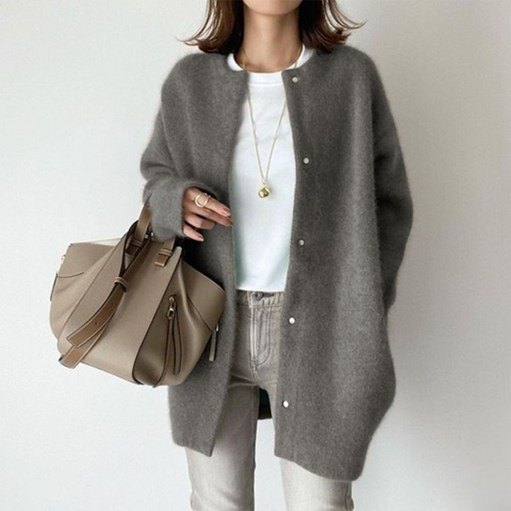 Women's fall knit cardigan jacket with side pockets in grey