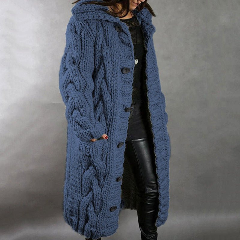 Women's Hooded Cable Knit Longline Coat - Blue