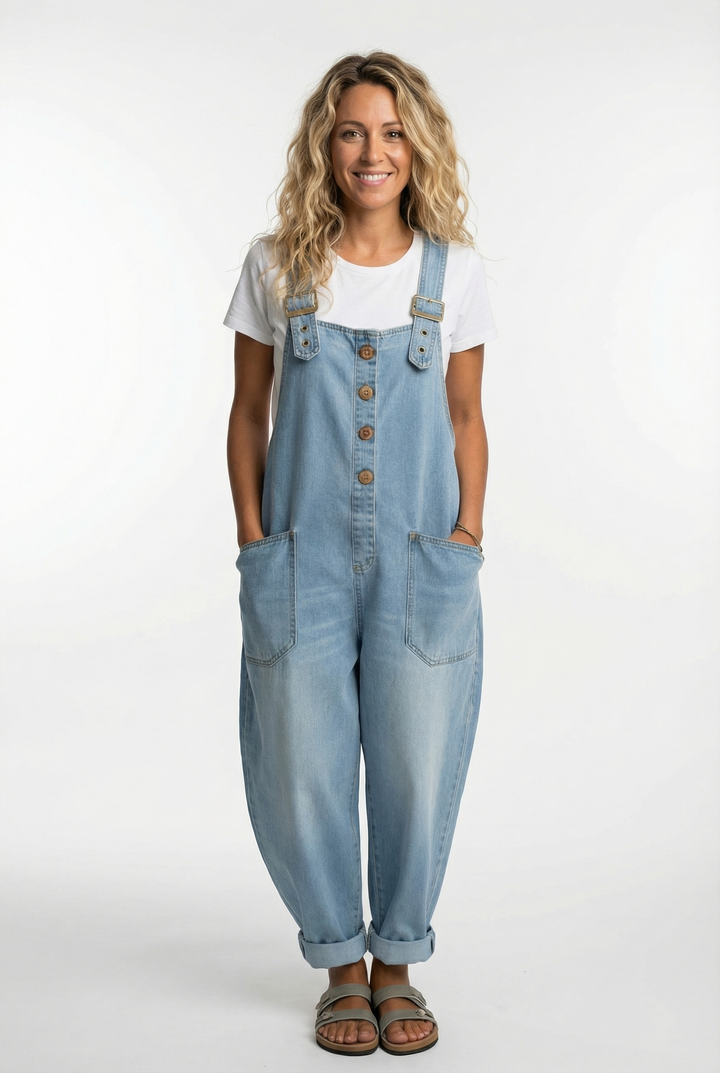 Light blue wide leg denim overalls women