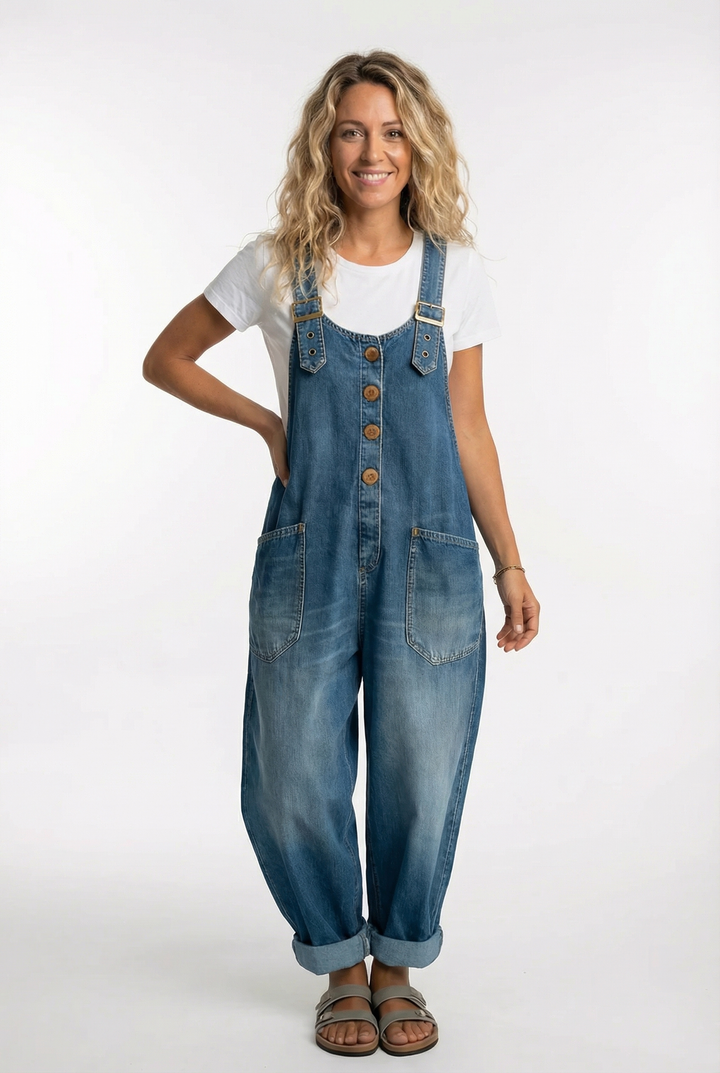 Denim wide leg overalls women adjustable buckle straps