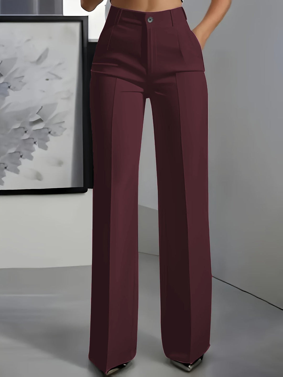 Red high waisted wide leg trousers women