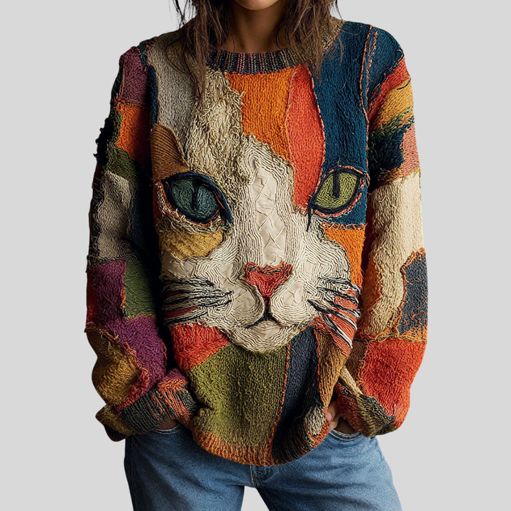 Women's artistic cat print long sleeve top in multicolor