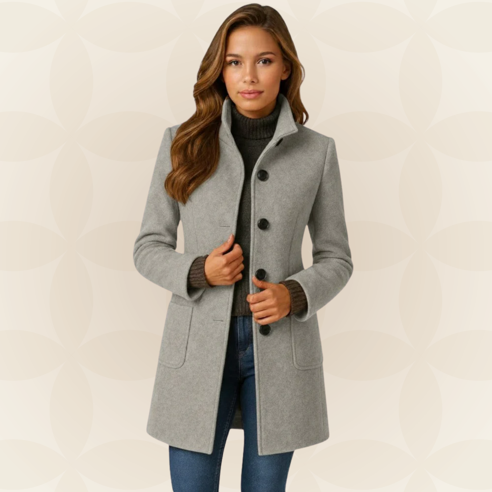 Women's high collar button-front fall coat in grey