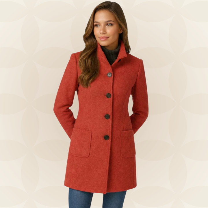 Women's high collar button-front fall coat in red